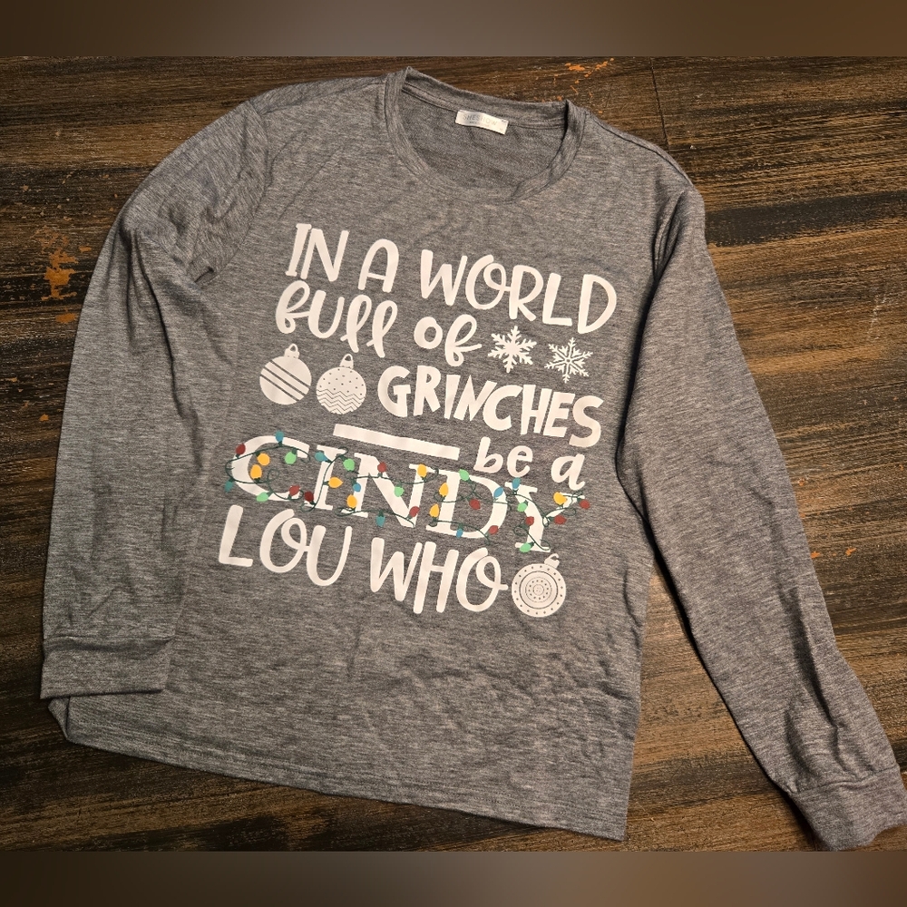 Gray Long Sleeve Shirt with Festive Print